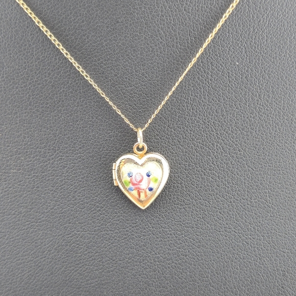 Vintage 12K Gold-Filled Heart Locket Necklace 13" Chain Floral Enamel Pendant - Picture 12 of 12